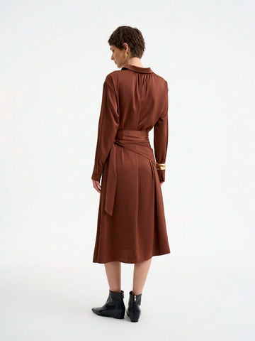 Women's Elegant Fashion Commute Casual Comfortable Long Sleeve Turndown Collar Tie Waist Solid