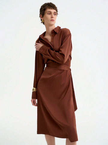 Women's Elegant Fashion Commute Casual Comfortable Long Sleeve Turndown Collar Tie Waist Solid