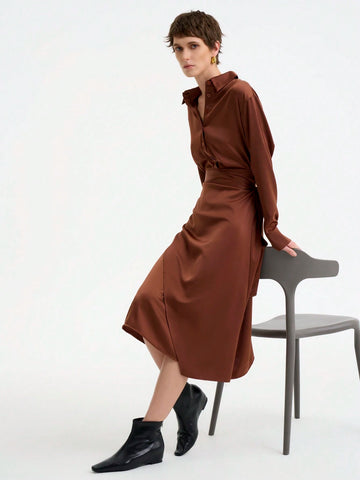 Women's Elegant Fashion Commute Casual Comfortable Long Sleeve Turndown Collar Tie Waist Solid