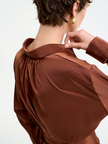 Women's Elegant Fashion Commute Casual Comfortable Long Sleeve Turndown Collar Tie Waist Solid