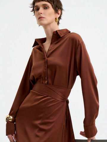 Women's Elegant Fashion Commute Casual Comfortable Long Sleeve Turndown Collar Tie Waist Solid