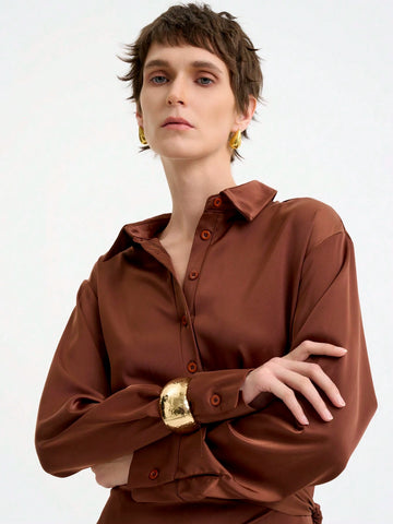 Women's Elegant Fashion Commute Casual Comfortable Long Sleeve Turndown Collar Tie Waist Solid