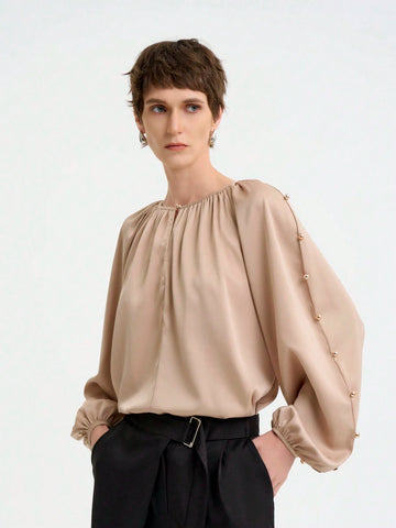 Women's Elegant Fashion Commuting Long Sleeve Round Neck Decorative Button Plain Satin Blouse