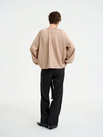 Women's Elegant Fashion Commuting Long Sleeve Round Neck Decorative Button Plain Satin Blouse