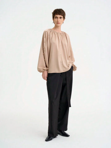 Women's Elegant Fashion Commuting Long Sleeve Round Neck Decorative Button Plain Satin Blouse