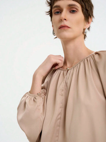 Women's Elegant Fashion Commuting Long Sleeve Round Neck Decorative Button Plain Satin Blouse