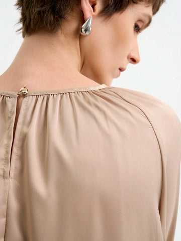 Women's Elegant Fashion Commuting Long Sleeve Round Neck Decorative Button Plain Satin Blouse