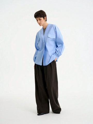 Women's Elegant Fashionable Commuting Casual Comfy Long Sleeve V-Neck Asymmetrical Loose Cotton Solid Color Blouse