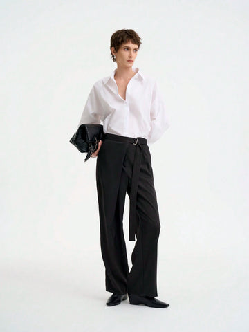 Women's Extremely Minimalist Pure Cotton Comfortable Skin-Friendly Moisture-Wicking Waist Decor Long Sleeve Shirt,