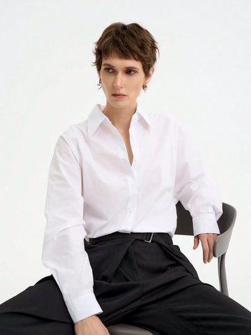 Women's Extremely Minimalist Pure Cotton Comfortable Skin-Friendly Moisture-Wicking Waist Decor Long Sleeve Shirt,