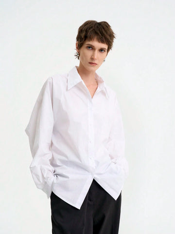 Women's Extremely Minimalist Pure Cotton Comfortable Skin-Friendly Moisture-Wicking Waist Decor Long Sleeve Shirt,