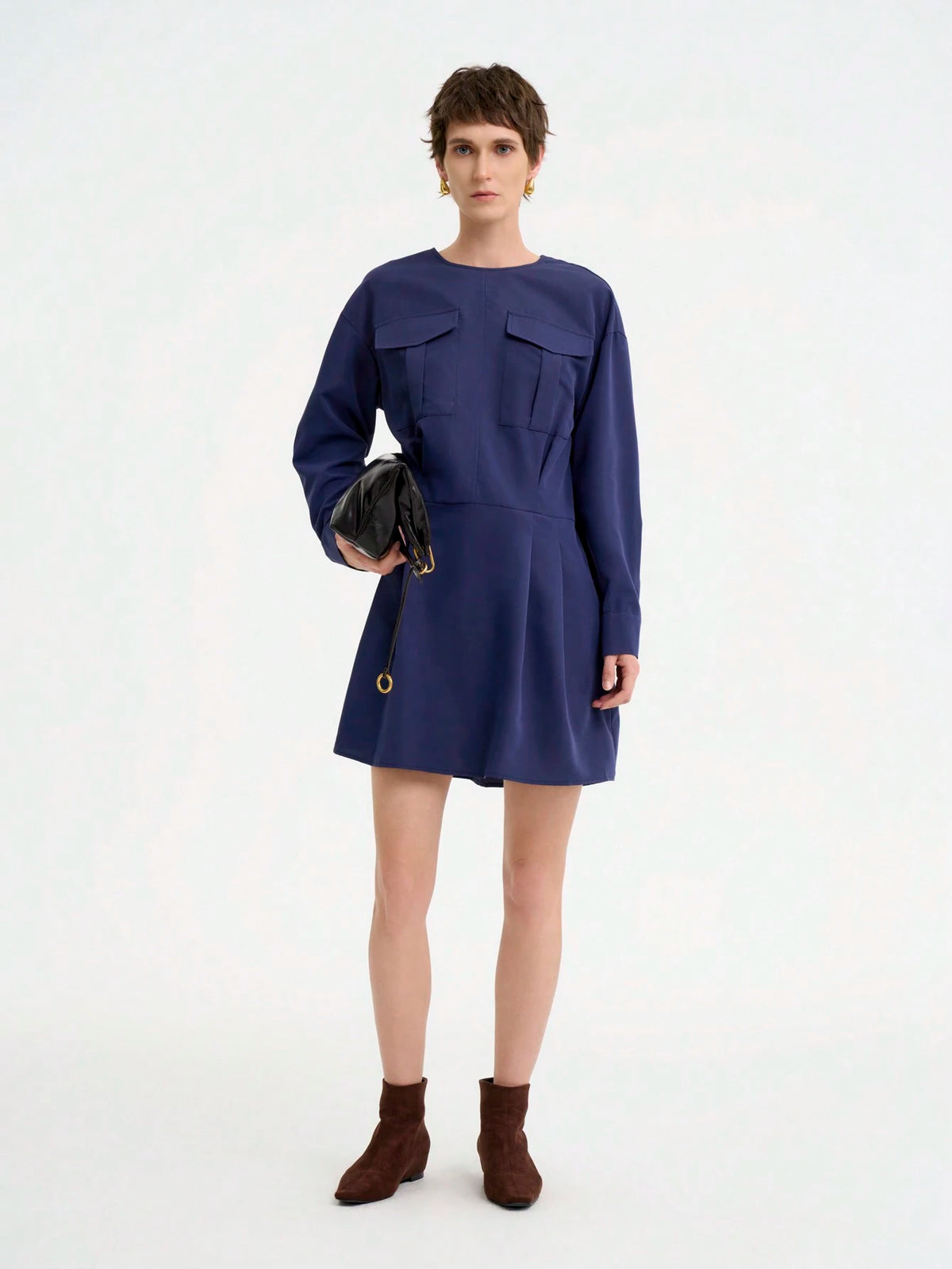 Women's Fashion Commuter Casual Elegant Comfortable Long Sleeve Round Neck Pleated Hem Solid