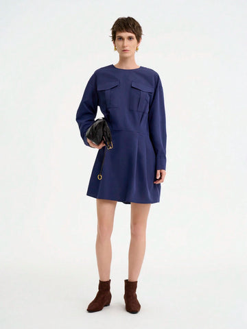 Women's Fashion Commuter Casual Elegant Comfortable Long Sleeve Round Neck Pleated Hem Solid