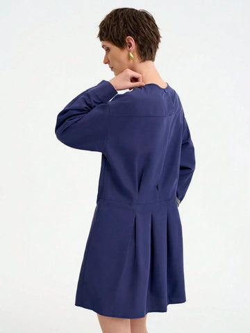 Women's Fashion Commuter Casual Elegant Comfortable Long Sleeve Round Neck Pleated Hem Solid