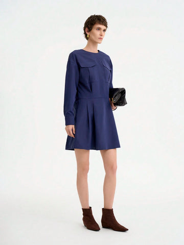 Women's Fashion Commuter Casual Elegant Comfortable Long Sleeve Round Neck Pleated Hem Solid