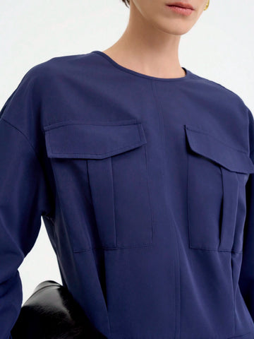 Women's Fashion Commuter Casual Elegant Comfortable Long Sleeve Round Neck Pleated Hem Solid