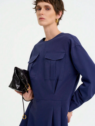 Women's Fashion Commuter Casual Elegant Comfortable Long Sleeve Round Neck Pleated Hem Solid