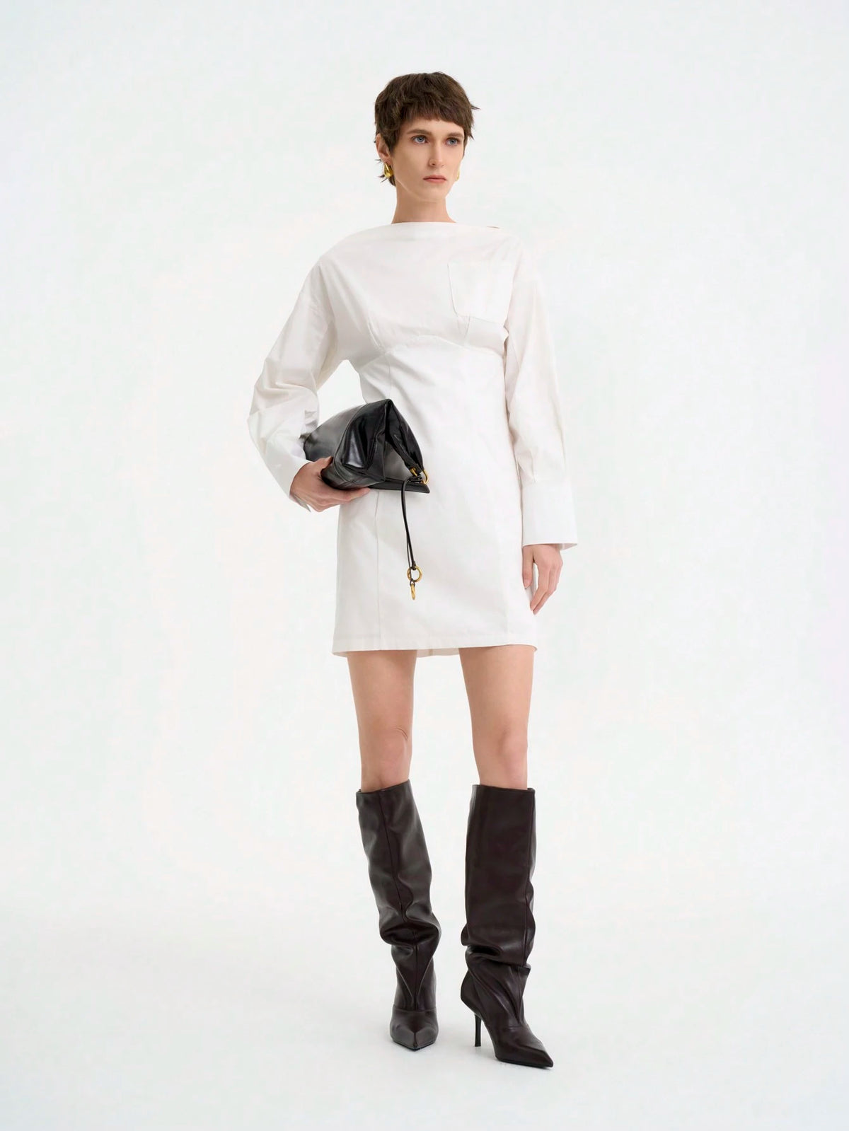 Women's Fashion Office Casual Long Sleeve Waist Cinched Contrast Sleeve Solid Color Shirt Dress