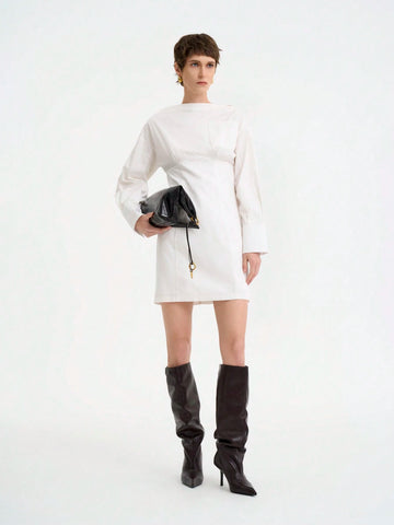 Women's Fashion Office Casual Long Sleeve Waist Cinched Contrast Sleeve Solid Color Shirt Dress
