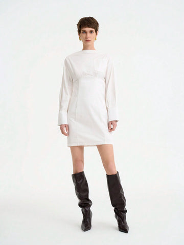 Women's Fashion Office Casual Long Sleeve Waist Cinched Contrast Sleeve Solid Color Shirt Dress