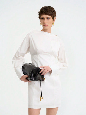Women's Fashion Office Casual Long Sleeve Waist Cinched Contrast Sleeve Solid Color Shirt Dress