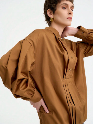 Women's Fashion Office Casual Soft Long Sleeve Round Neck Half-Zip Front Pleated Loose Solid Color Blouse