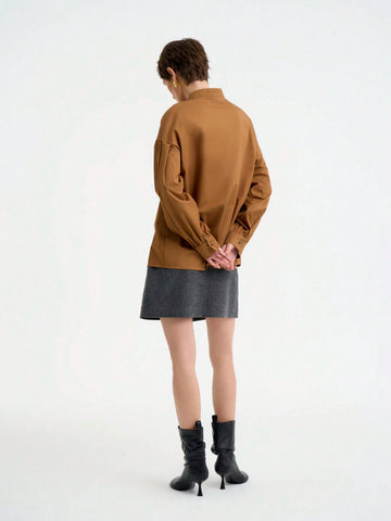 Women's Fashion Office Casual Soft Long Sleeve Round Neck Half-Zip Front Pleated Loose Solid Color Blouse