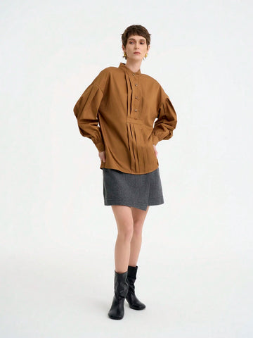 Women's Fashion Office Casual Soft Long Sleeve Round Neck Half-Zip Front Pleated Loose Solid Color Blouse