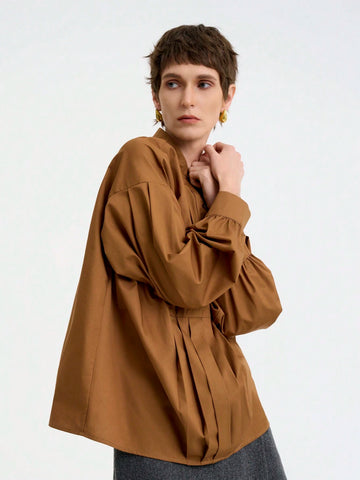 Women's Fashion Office Casual Soft Long Sleeve Round Neck Half-Zip Front Pleated Loose Solid Color Blouse