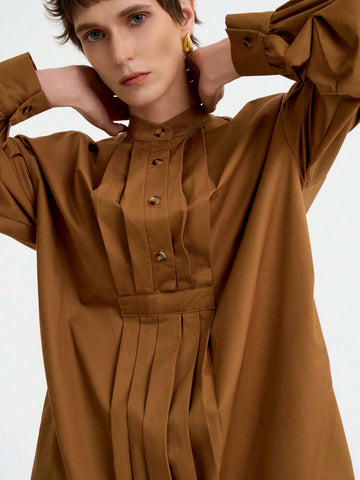 Women's Fashion Office Casual Soft Long Sleeve Round Neck Half-Zip Front Pleated Loose Solid Color Blouse