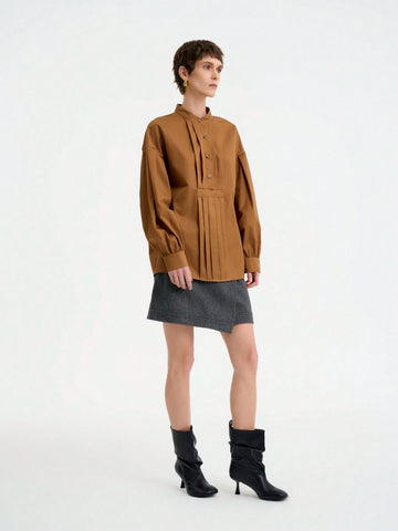 Women's Fashion Office Casual Soft Long Sleeve Round Neck Half-Zip Front Pleated Loose Solid Color Blouse