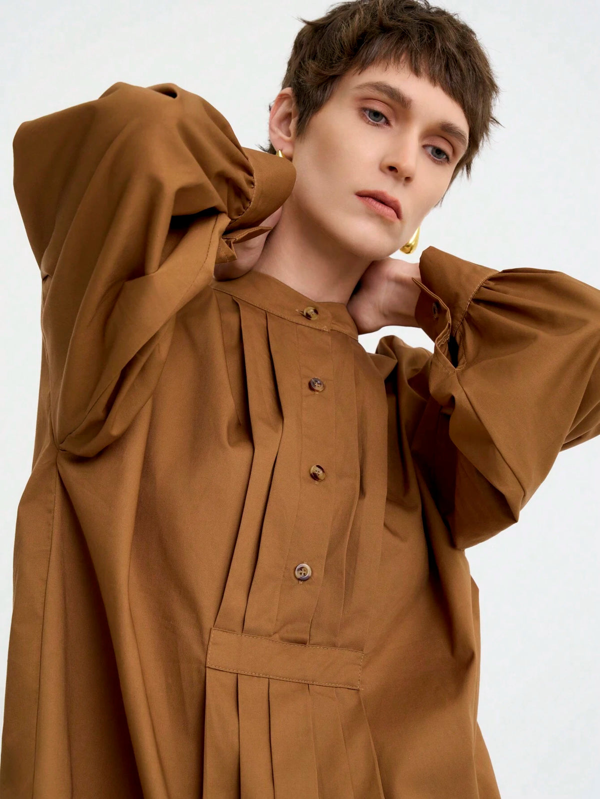 Women's Fashion Office Casual Soft Long Sleeve Round Neck Half-Zip Front Pleated Loose Solid Color Blouse