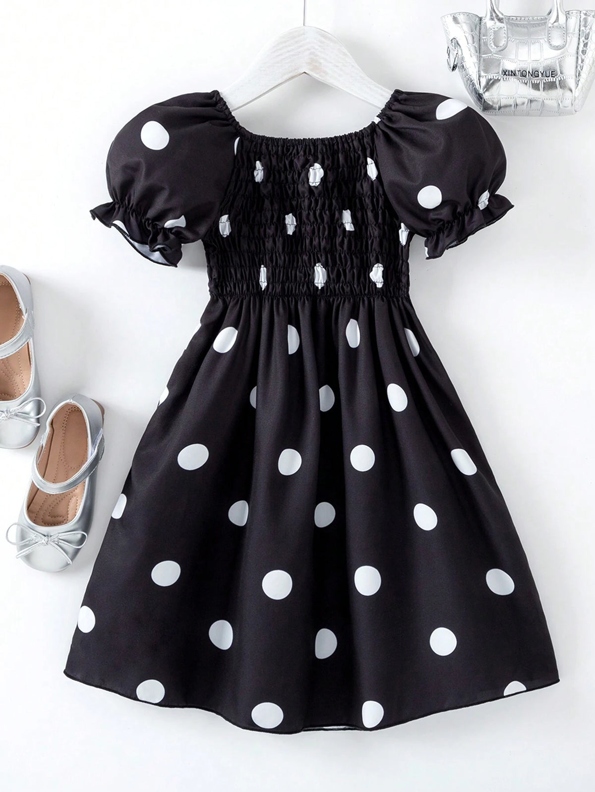 Summer-To-Fall Young Girls' Polka Dot Bubble Sleeve Cute, Gentle Ladylike Dress In Black And White