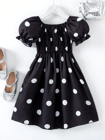 Summer-To-Fall Young Girls' Polka Dot Bubble Sleeve Cute, Gentle Ladylike Dress In Black And White