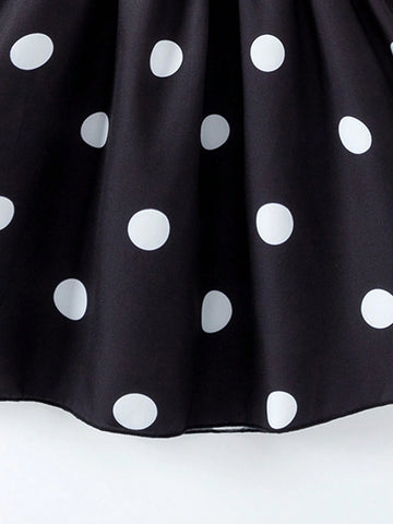 Summer-To-Fall Young Girls' Polka Dot Bubble Sleeve Cute, Gentle Ladylike Dress In Black And White