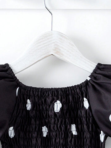 Summer-To-Fall Young Girls' Polka Dot Bubble Sleeve Cute, Gentle Ladylike Dress In Black And White