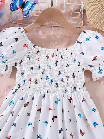 Summer Young Girl Butterfly Print Vacation Dress