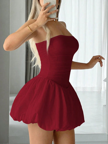 Simple Fashion Solid Strapless Flare Hemline Dress, Suitable For Parties And Gatherings