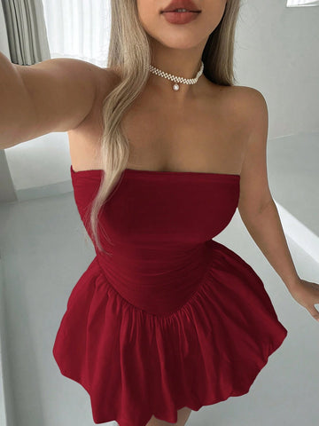 Simple Fashion Solid Strapless Flare Hemline Dress, Suitable For Parties And Gatherings