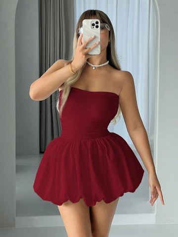 Simple Fashion Solid Strapless Flare Hemline Dress, Suitable For Parties And Gatherings