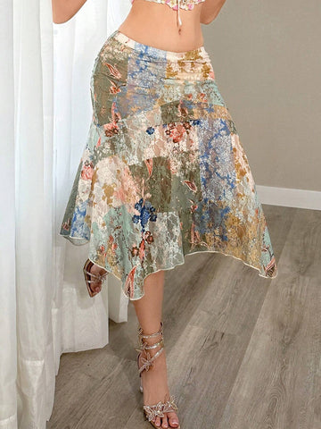 Sweetina Women's Holiday Floral Patchwork Flare Hem Skirt