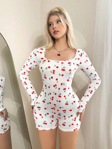 Women's Round Neck Long Sleeve Fitted Charming Backless Cherry Print Y2K Cherry Going Out Fall Jumpsuit