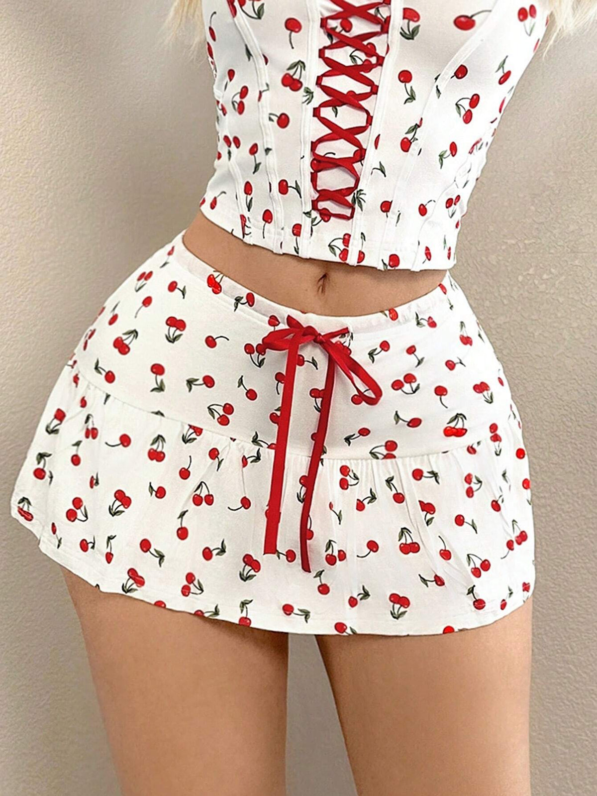 Sweetina Women's Y2k Summer Outfits Low Rise Cherry Printed Mini Skirt With Waist Tie