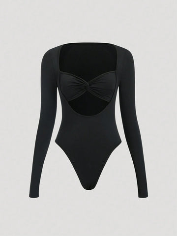 1pc Women's Solid Color Long Sleeve Sexy Cutout Twist Bodysuit, Autumn