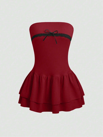 Sweetro Colorblock Butterfly Decor Ruffle Tier Sleeveless Bandeau Dress