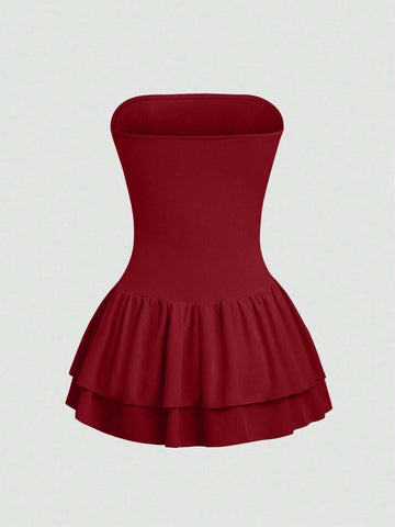 Sweetro Colorblock Butterfly Decor Ruffle Tier Sleeveless Bandeau Dress