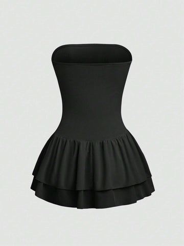 Layered Ruffled Bow Decor Elegant Strapless Sleeveless Dress