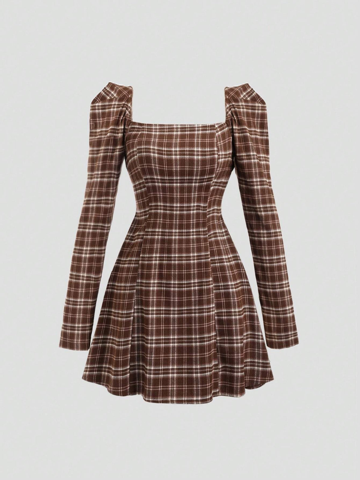 Retro Elegant Square Neck Plaid A-Line Gigot Sleeve Mini Dress, Autumn/Winter