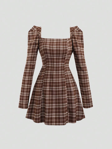 Retro Elegant Square Neck Plaid A-Line Gigot Sleeve Mini Dress, Autumn/Winter