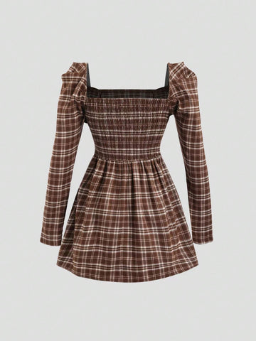Retro Elegant Square Neck Plaid A-Line Gigot Sleeve Mini Dress, Autumn/Winter